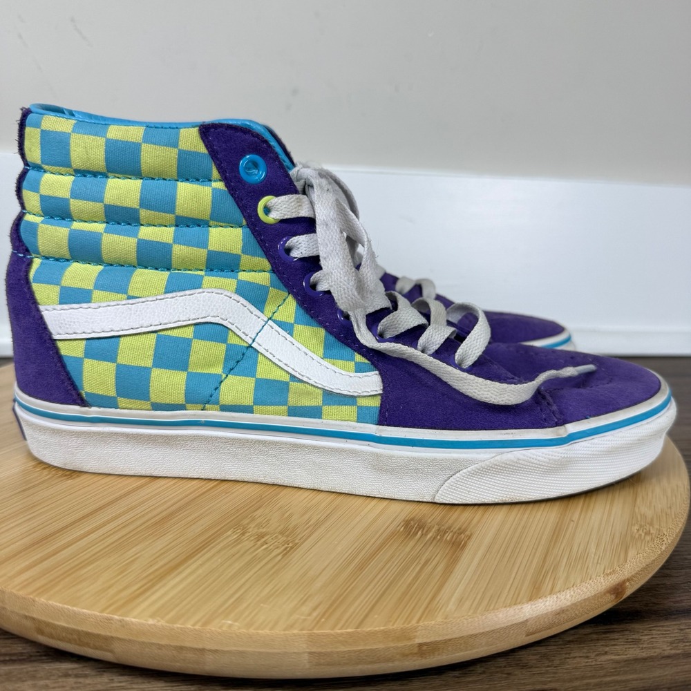 Vans Sk8-Hi Sneakers Women 8 Men 6.5 Purple Teal Check Skater Retro Neon Grunge